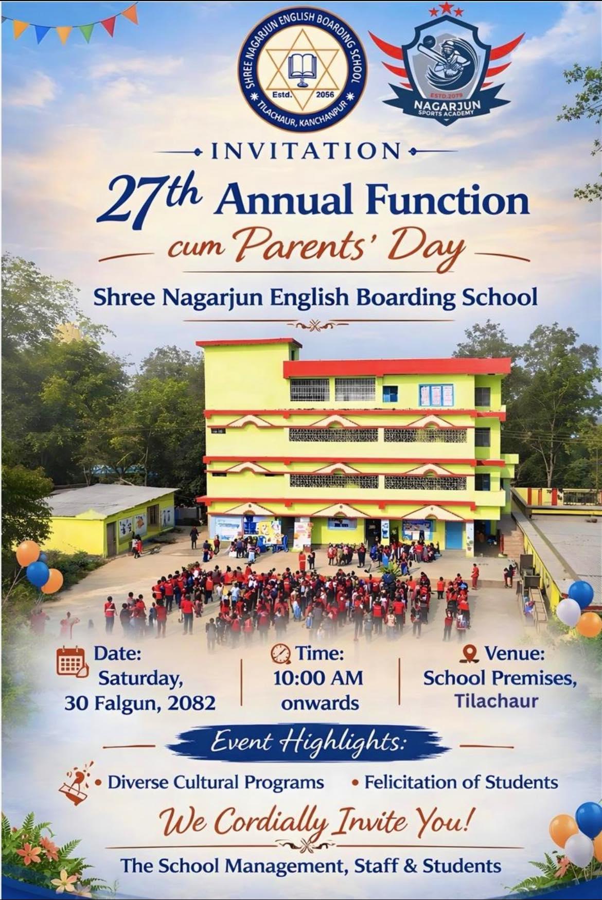 Students, teachers, and families celebrating the Annual Function at Shree Nagarjun English Boarding School